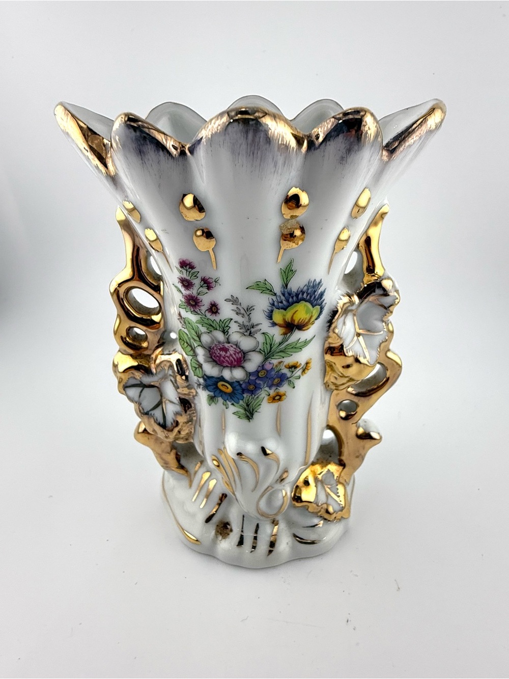 Vintage Gold Gilt Porcelain Cutouts Floral Vase